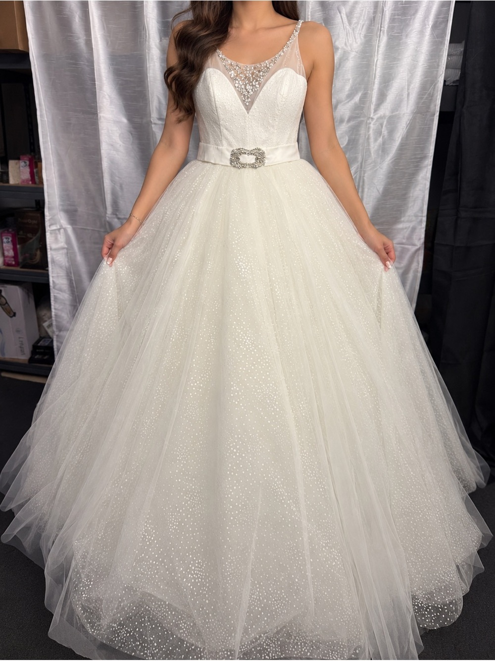 Demetrios Style 555 Ivory Sparkle Tulle Ball Gown Wedding Dress Size 10 NWT